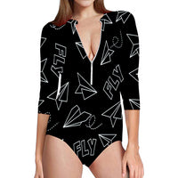 Thumbnail for Paper Airplane & Fly Black Designed Deep V Swim Bodysuits