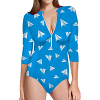 Thumbnail for Paper Airplanes (Blue) Designed Deep V Swim Bodysuits