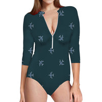 Thumbnail for Nice Airplanes (Green) Designed Deep V Swim Bodysuits