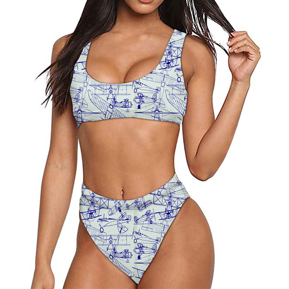 Amazing Drawings of Old Aircrafts Designed Women Bikini Set Swimsuit