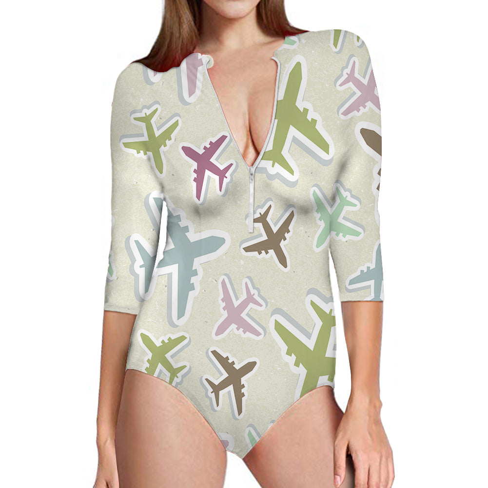 Seamless 3D Airplanes Designed Deep V Swim Bodysuits