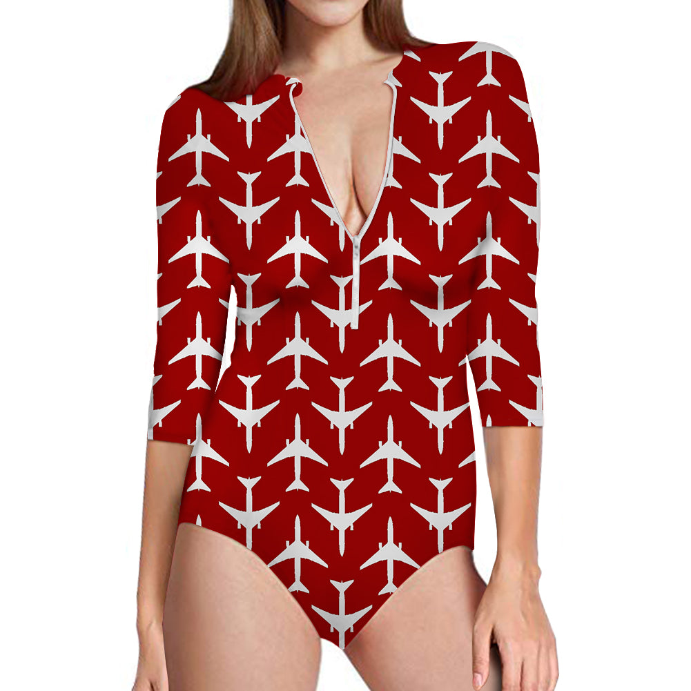 Perfectly Sized Seamless Airplanes Red Designed Deep V Swim Bodysuits
