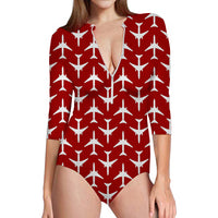 Thumbnail for Perfectly Sized Seamless Airplanes Red Designed Deep V Swim Bodysuits