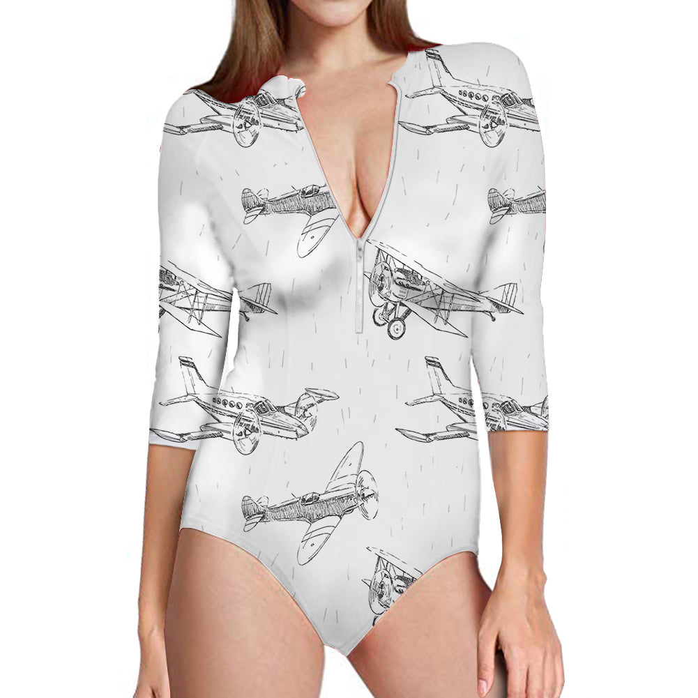Super Aircrafts Designed Deep V Swim Bodysuits