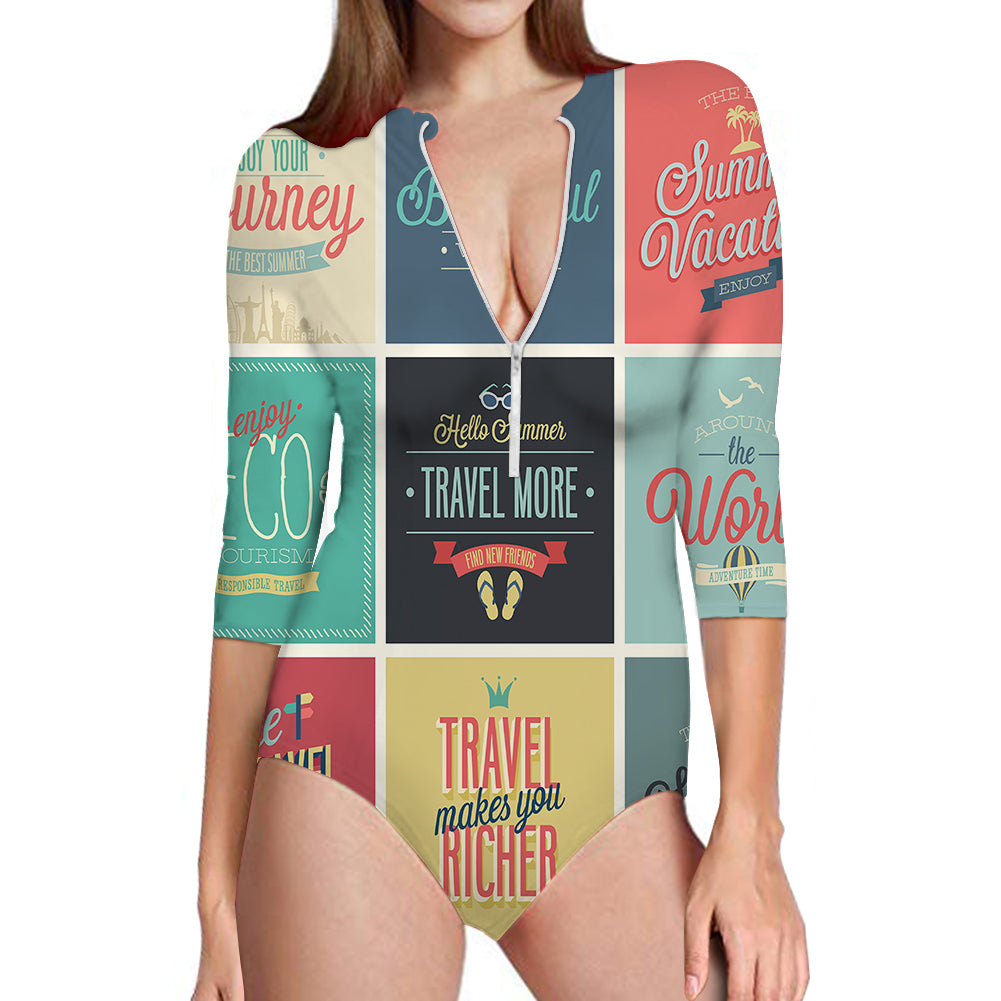 Super Travel Icons Designed Deep V Swim Bodysuits