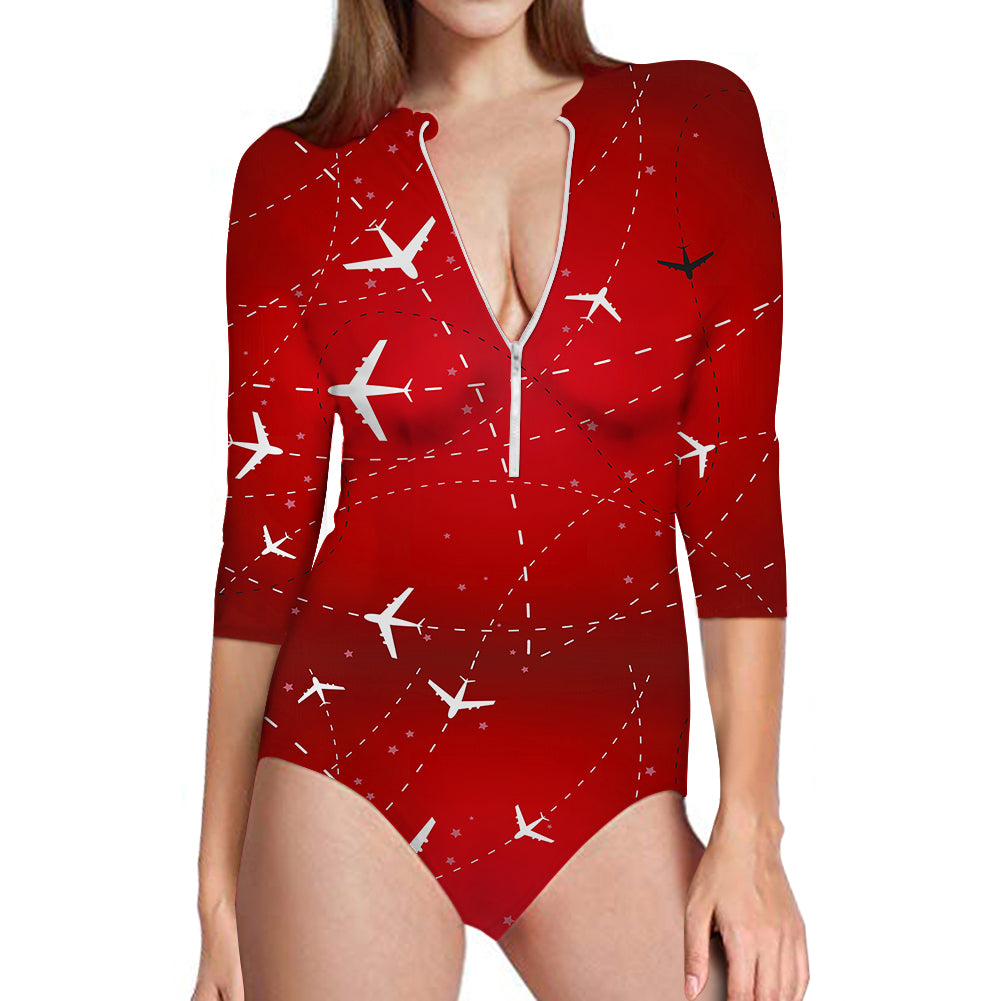 Travelling with Aircraft (Red) Designed Deep V Swim Bodysuits