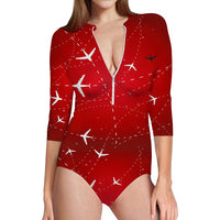 Thumbnail for Travelling with Aircraft (Red) Designed Deep V Swim Bodysuits