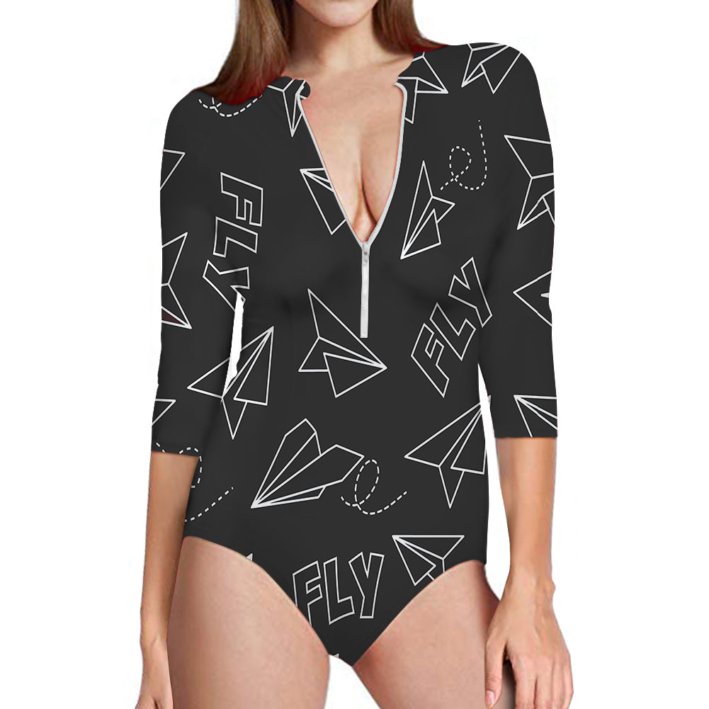 Paper Airplane & Fly (Gray) Designed Deep V Swim Bodysuits