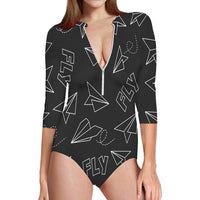 Thumbnail for Paper Airplane & Fly (Gray) Designed Deep V Swim Bodysuits
