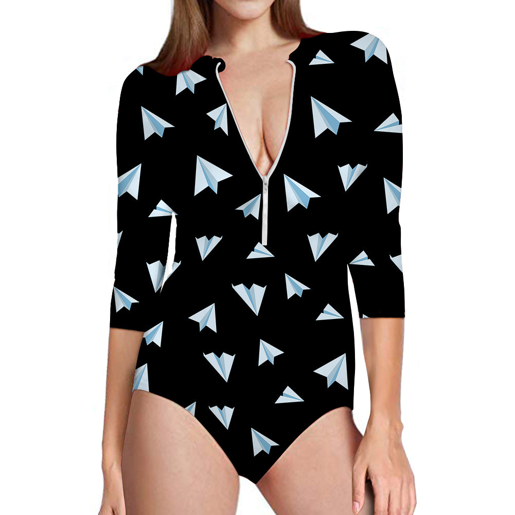 Paper Airplanes (Black) Designed Deep V Swim Bodysuits