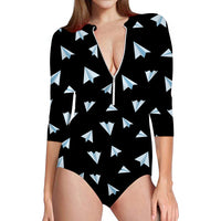 Thumbnail for Paper Airplanes (Black) Designed Deep V Swim Bodysuits