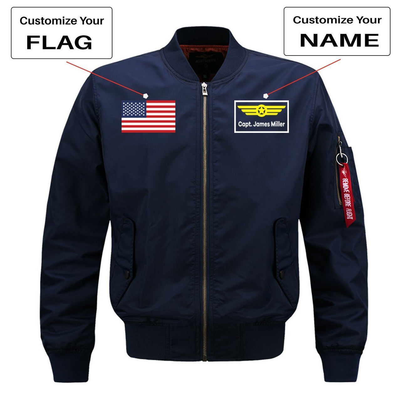 Custom Flag & Name with Badge Designed Pilot Jackets