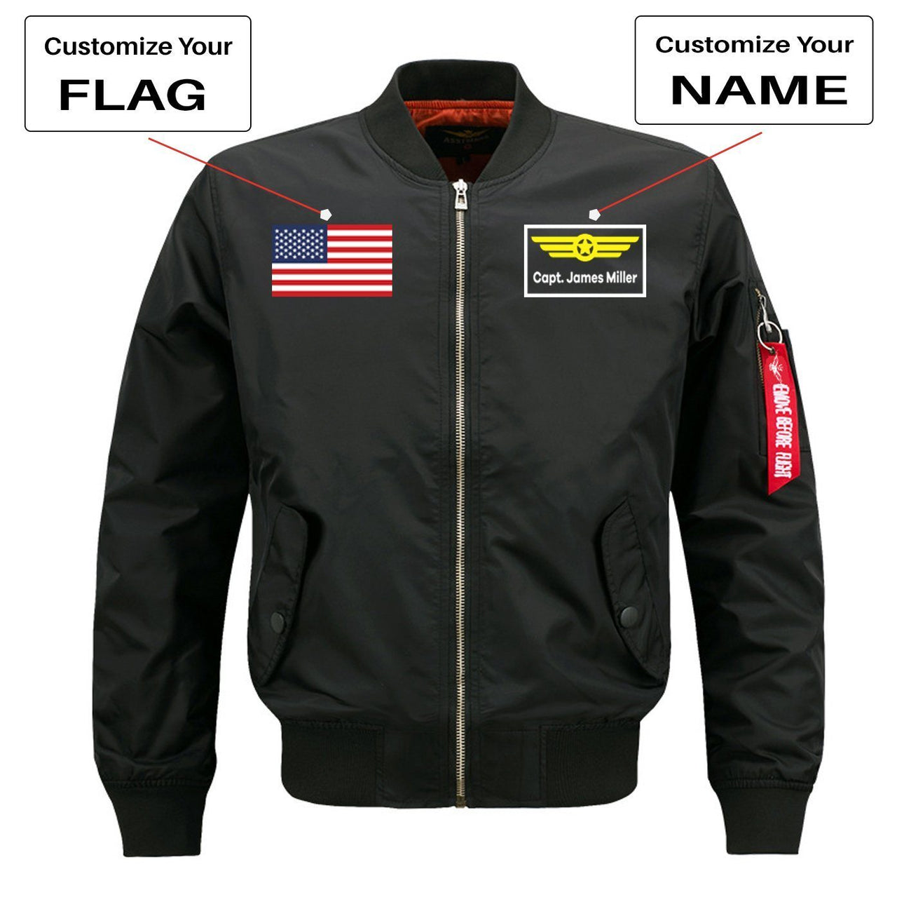 Custom Flag & Name with Badge Designed Pilot Jackets