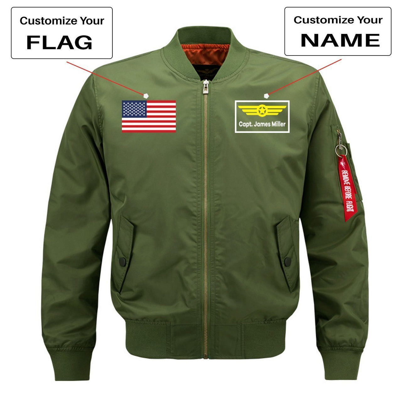 Custom Flag & Name with Badge Designed Pilot Jackets