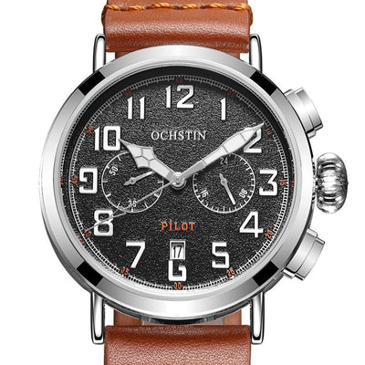 Chronograph Sport Style Pilot & aviation pilot watch, stainless steel body with engraved detail.
