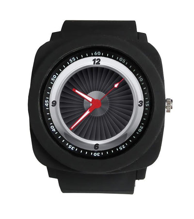 Side view of Jet Engine Rubber aviation watch in stainless steel, polished finish.