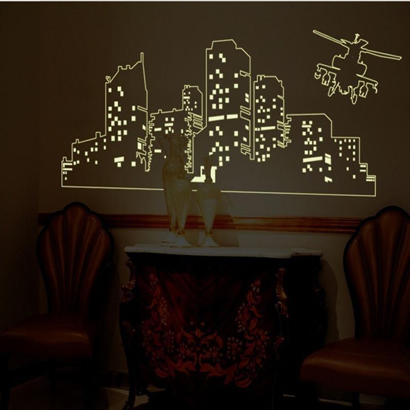 Large Luminous City & Helicopter Designed Wall Sticker