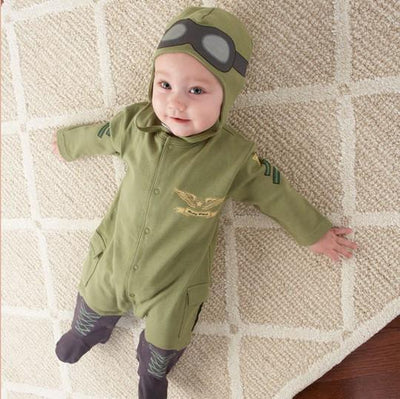 Military Pilot Baby Rompers aviation print funny costume, premium costume fabric.