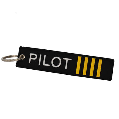 PILOT (4 Lines) aviation Remove Before Flight key chain, aviation-tag style webbing.
