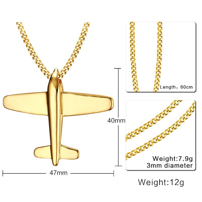 Customizable Airplane Shape Gold Colour Stainless Steel Necklace