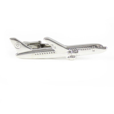 Silver Passenger Jet aviation-themed tie clip, polished stainless steel.