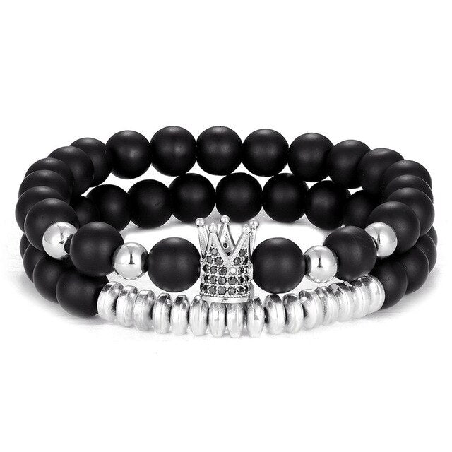 2 Pieces Set Natural Stone Imperial Crown Charm Bracelets
