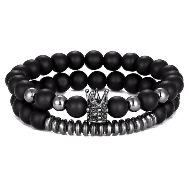 2 Pieces Set Natural Stone Imperial Crown Charm Bracelets