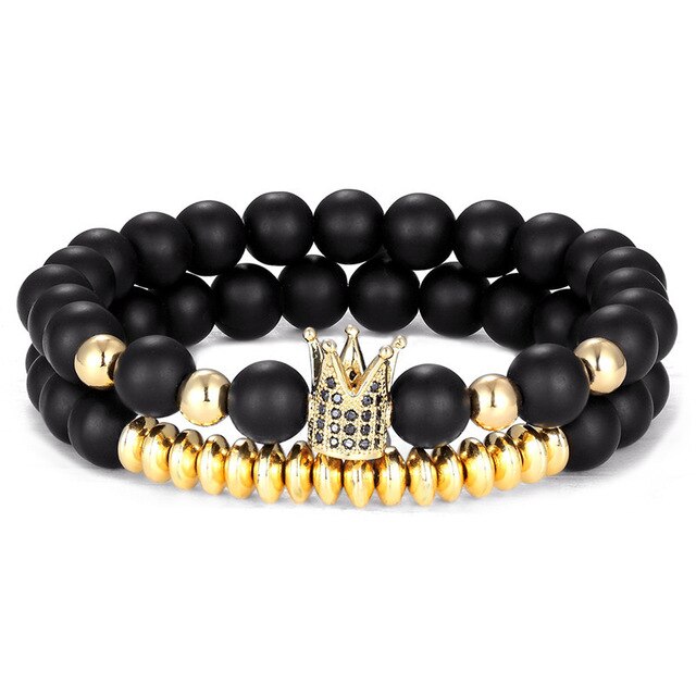 2 Pieces Set Natural Stone Imperial Crown Charm Bracelets