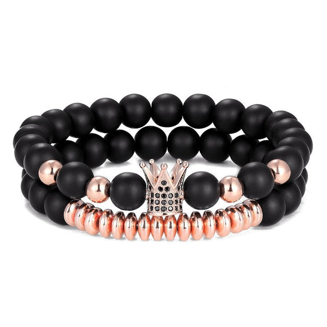 2 Pieces Set Natural Stone Imperial Crown Charm Bracelets