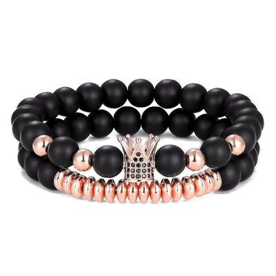 2 Pieces Set Natural Stone Imperial Crown Charm aviation bracelet, stainless steel body with engraved detail.
