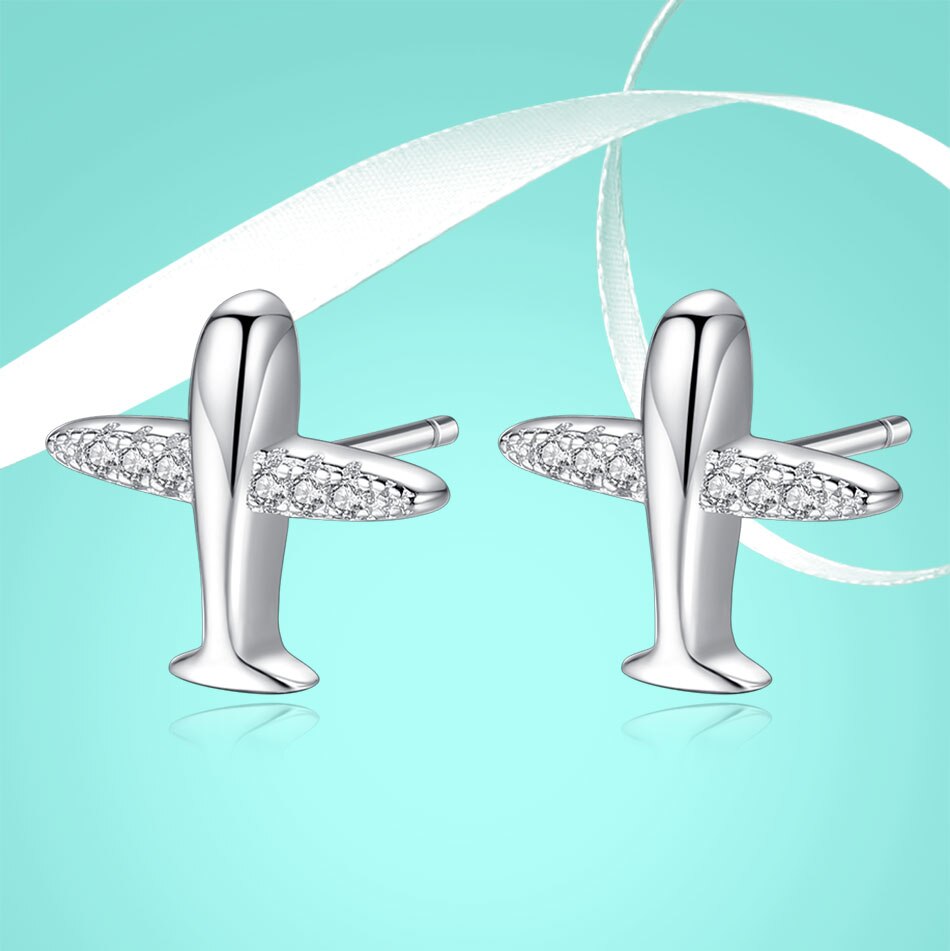 925 Silver Sparkling Airplane Shape Designed Earrings