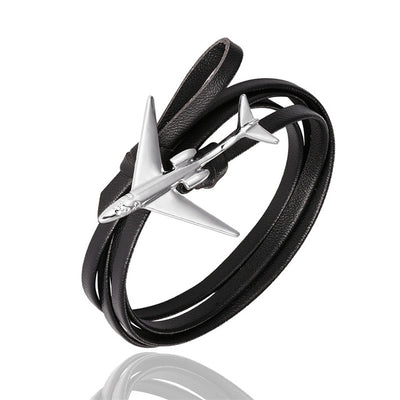 Side view of (Edition 3) - Special Leather Rope Airplane Bracelets (Adjustable) aviation bracelet in polished metal, polished.