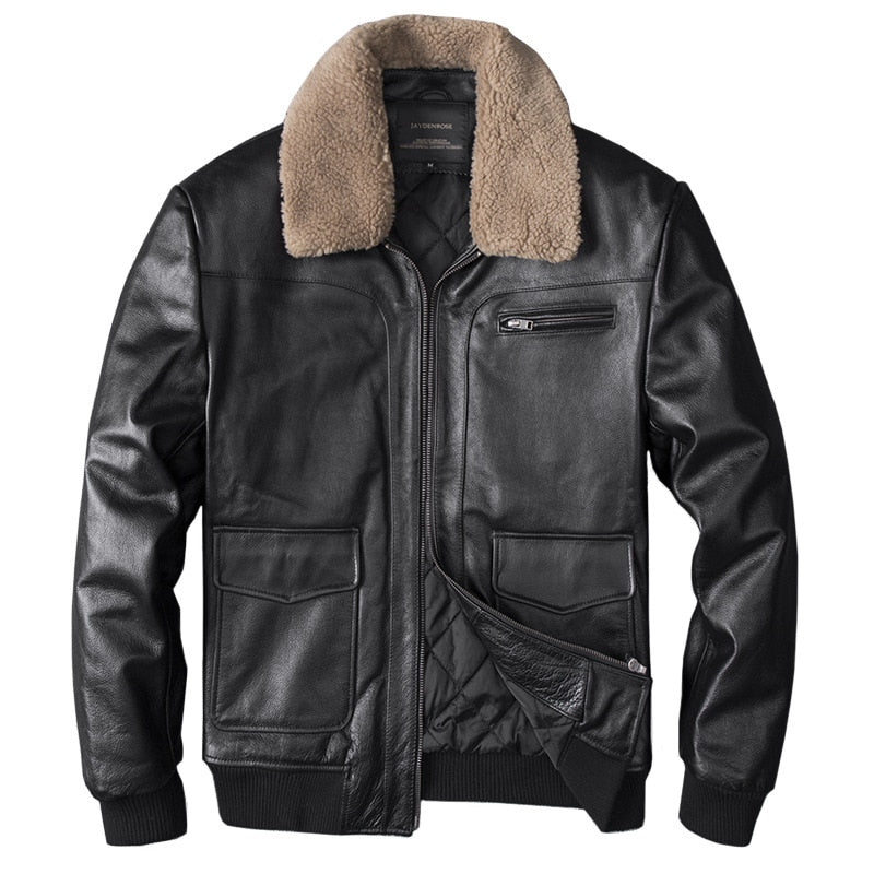 Genuine Leather Removable Fur Collar Aviator Jacket