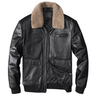 Thumbnail for Genuine Leather Removable Fur Collar Aviator Jacket
