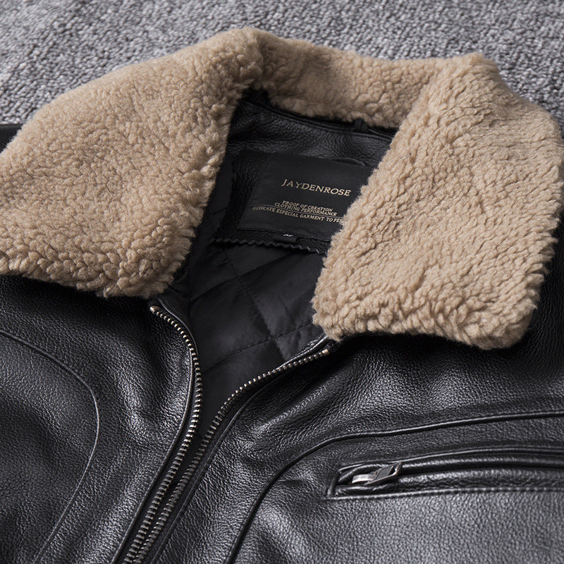 Genuine Leather Removable Fur Collar Aviator Jacket