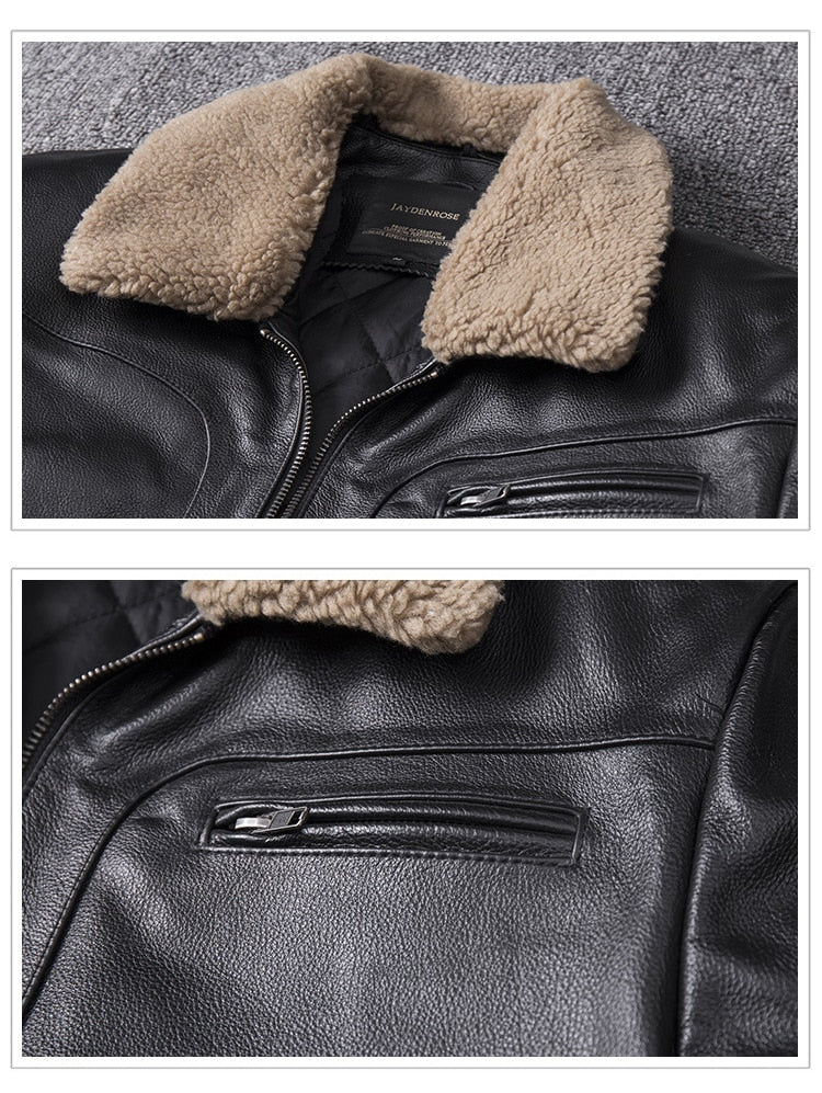 Genuine Leather Removable Fur Collar Aviator Jacket