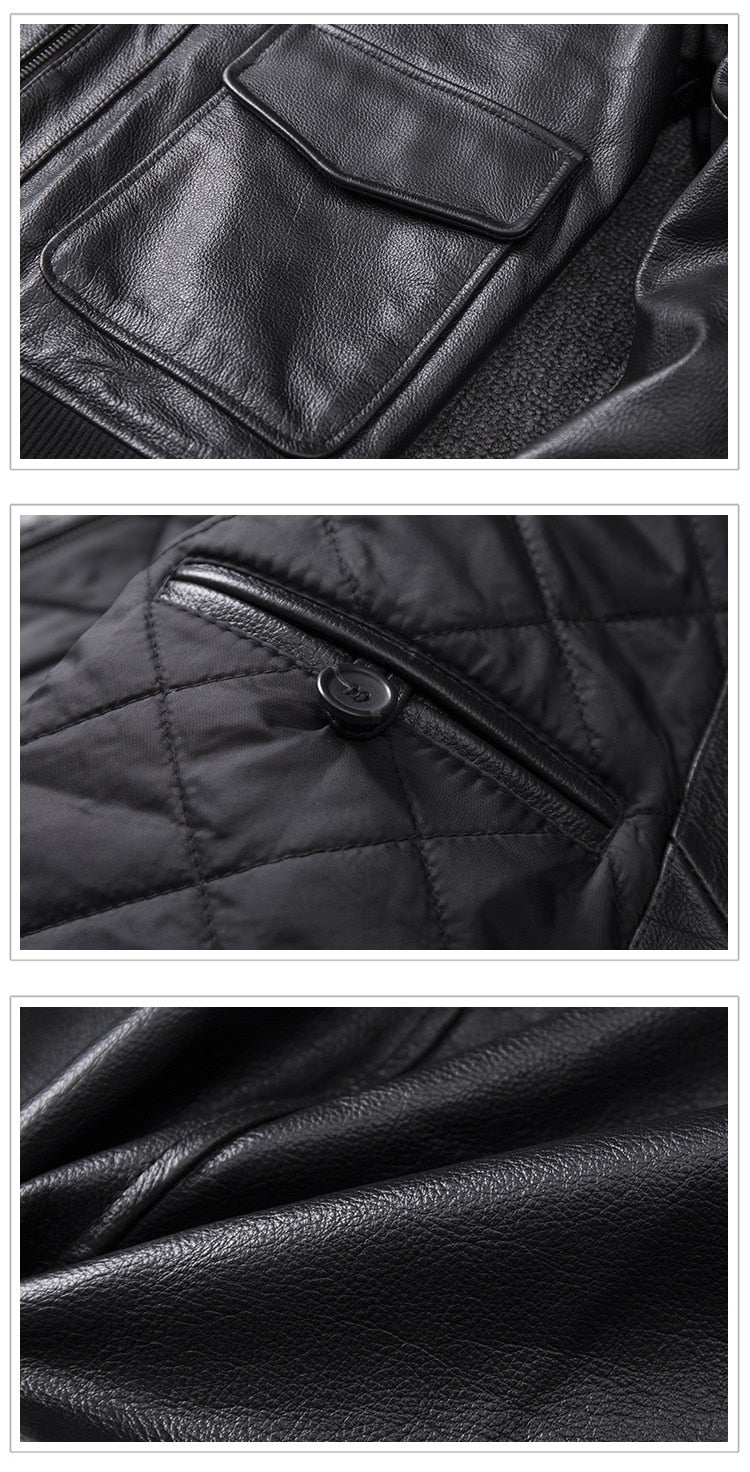 Genuine Leather Removable Fur Collar Aviator Jacket