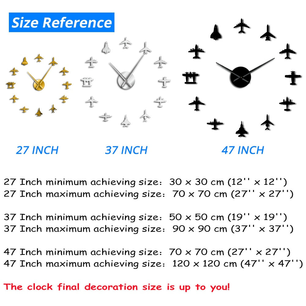 Airplane Shapes Acrylic Mirror Effect Sticker Wall Clock