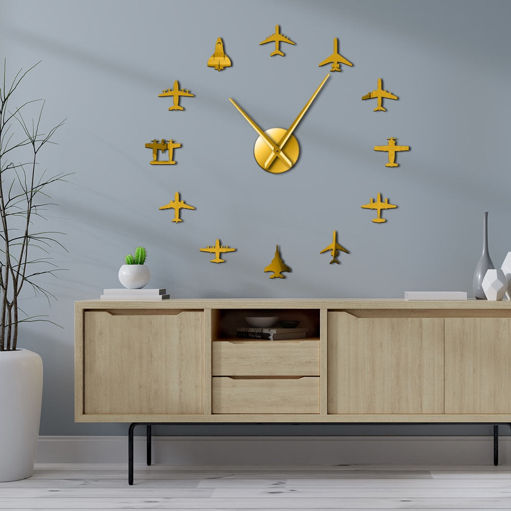 Airplane Shapes Acrylic Mirror Effect Sticker Wall Clock
