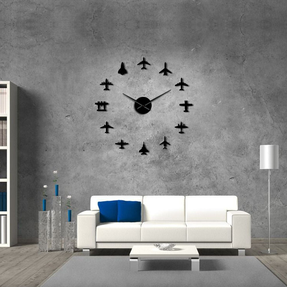 Airplane Shapes Acrylic Mirror Effect Sticker Wall Clock