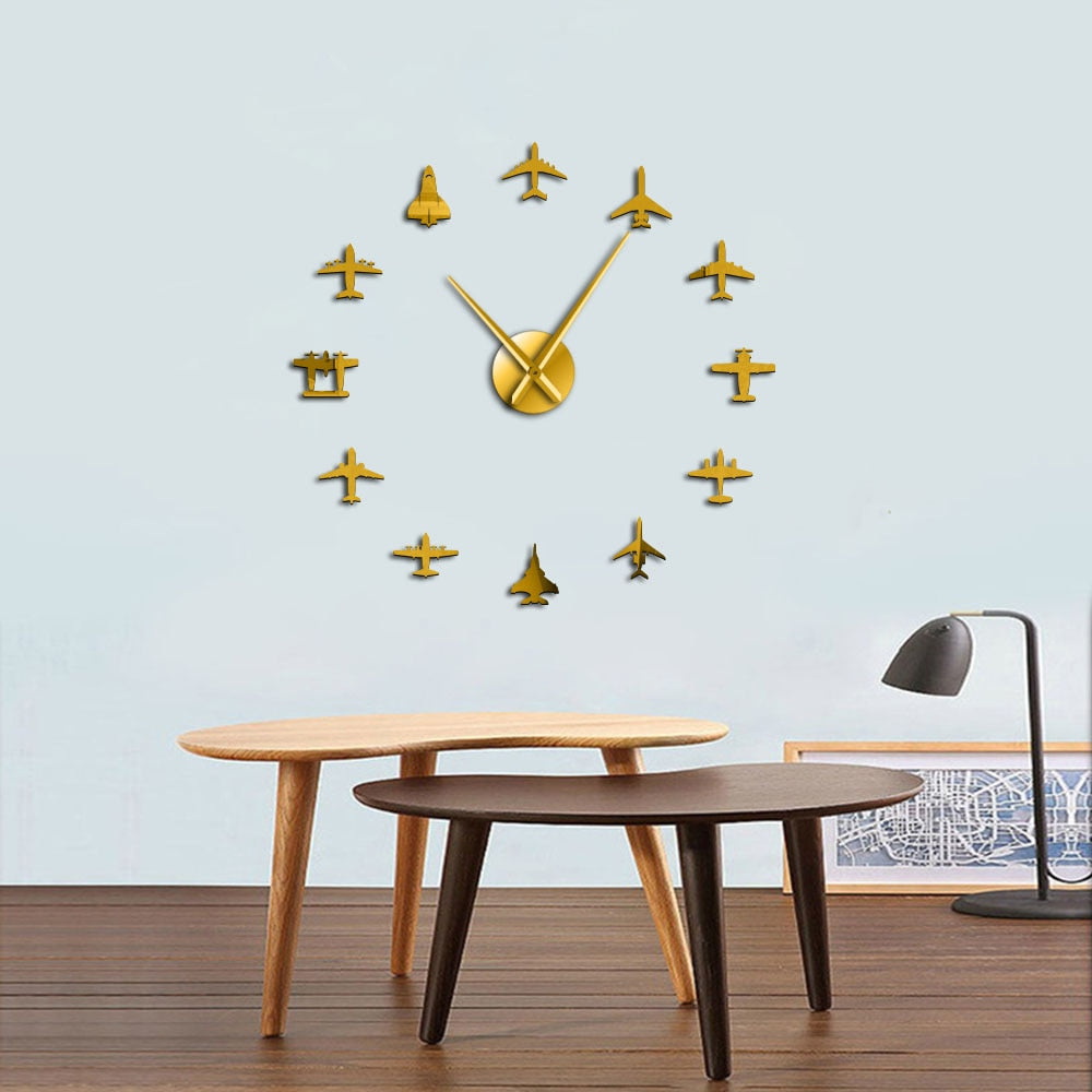 Airplane Shapes Acrylic Mirror Effect Sticker Wall Clock