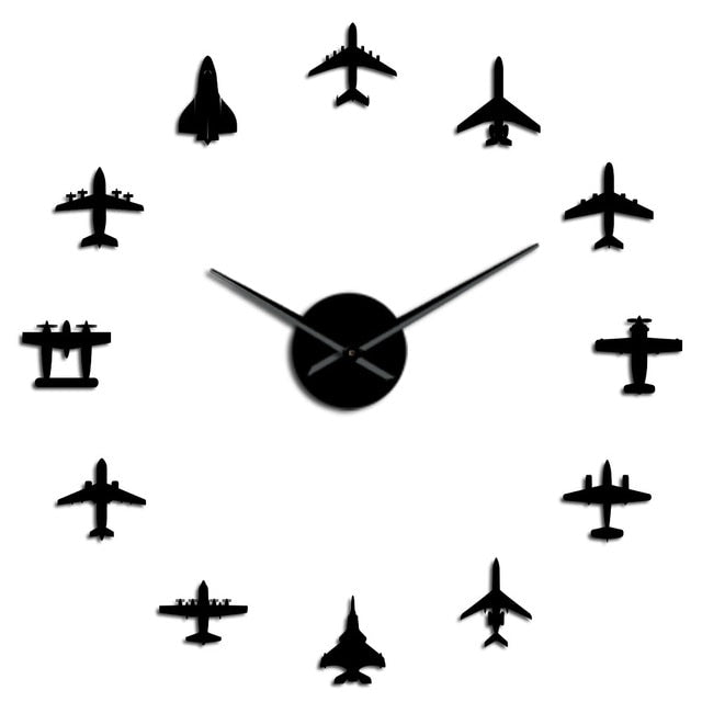 Airplane Shapes Acrylic Mirror Effect Sticker Wall Clock