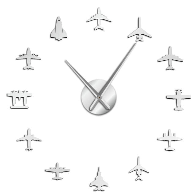 Airplane Shapes Acrylic Mirror Effect Sticker Wall Clock