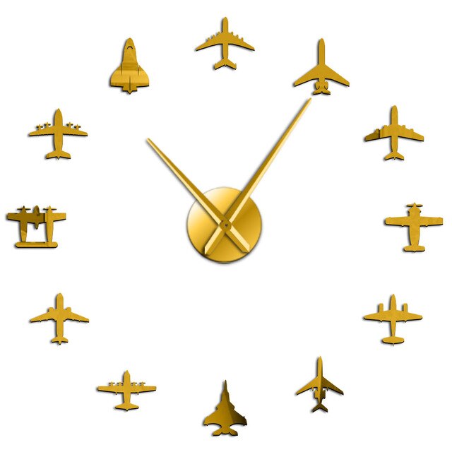 Airplane Shapes Acrylic Mirror Effect Sticker Wall Clock