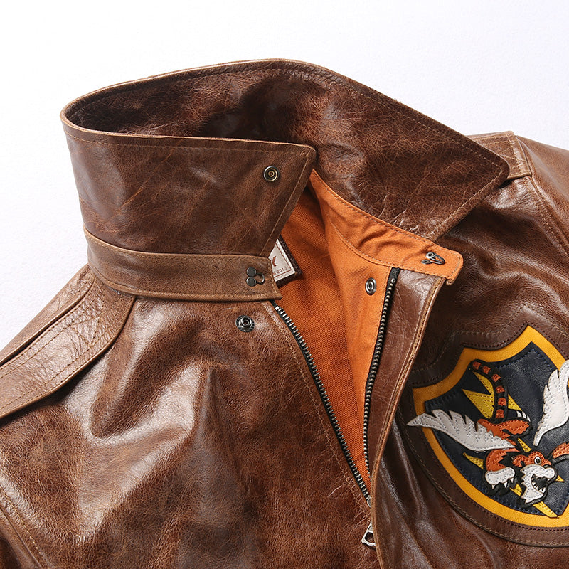 Leather Blouson With Tiger Patches - Luxury Outerwear and Coats