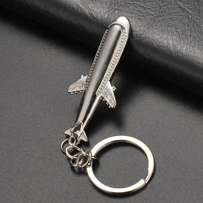Long Airplane Shaped aviation themed aviator-crafted key chain, polished metal alloy.