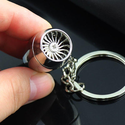 Airplane Jet Engine Shaped aviation themed aviator-crafted key chain, polished metal alloy.