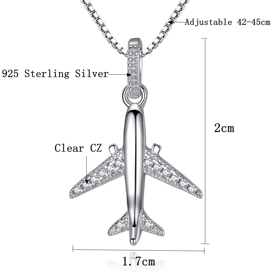 925 Sterling & Crystal Silver Airplane Shape Necklace (Top Quality)