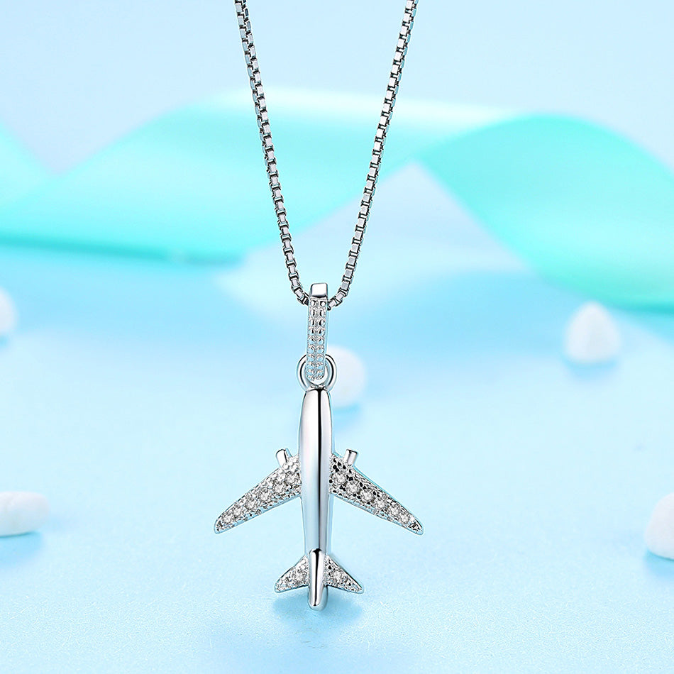 925 Sterling & Crystal Silver Airplane Shape Necklace (Top Quality)