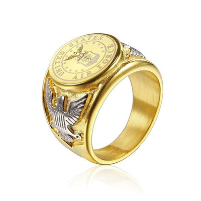 Gold Color USA US Air Force aviation themed ring, stainless steel.